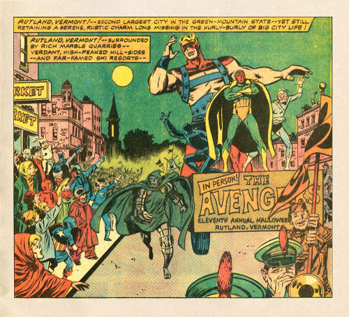 Avengers comic parading in small town illustration. 