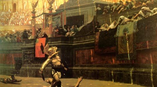 A painting depicting a man in the arena, surrounded by a crowd.