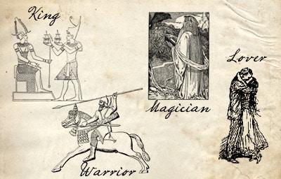A drawing showcasing four archetypes - a king, a magician, a warrior, and a lover - representing the concept of mature masculine energy.