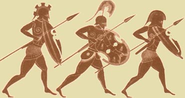 Three mature, masculine Greek warriors equipped with spears and shields exemplify the essence of the warrior archetype.