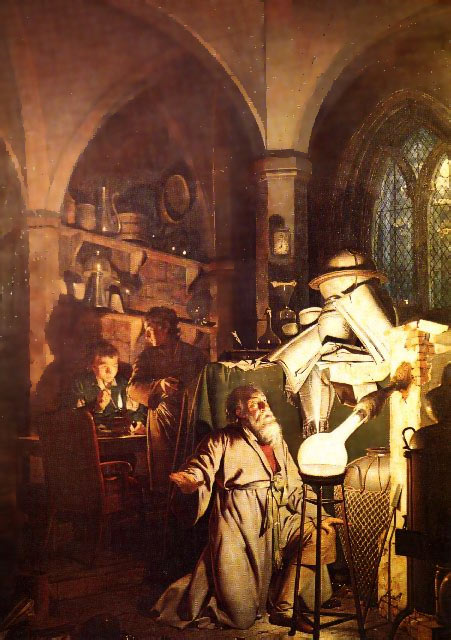 Joseph Wright studying in lamp light illustration. 