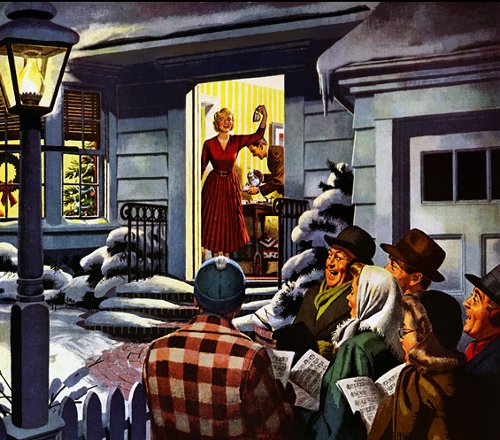 Vintage woman carolers singing in driveway illustration. 