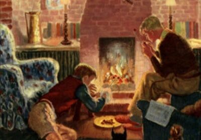 A painting of a man and a woman in front of an open fire.