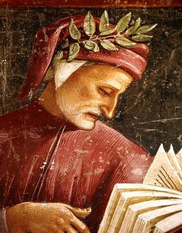 Dante wearing red leafing and reading book illustration.