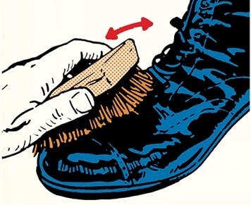 A hand brushing a shoe with a red arrow indicating the direction of the motion, demonstrating 'Shoe Care' skill of the week.