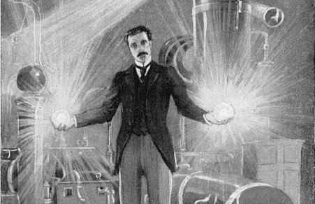 Nikola Tesla holding light bulbs illustration.