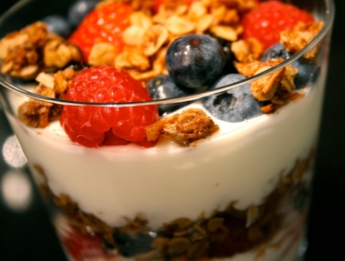 Yogurt and fruit parfait in glass dessert for party. 