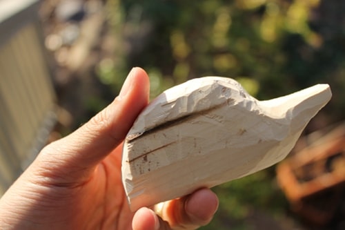 A whittling out duck head out of wood.