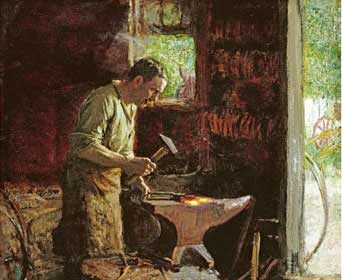 A painting capturing the essence of blacksmithing as a skilled artisan crafts an object on an anvil.
