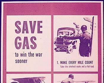 A poster demonstrating how to conserve gas during the war and strengthen willpower.