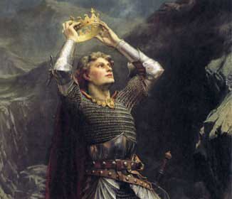 A painting of a man, embodying the Mature Masculine archetype, donning armor and clutching a crown.