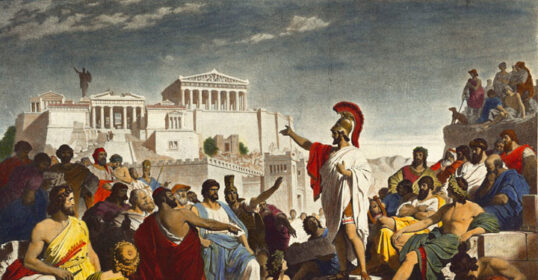 A painting capturing the true essence of a group of people in front of a building, showcasing their exemplary qualities as statesmen.