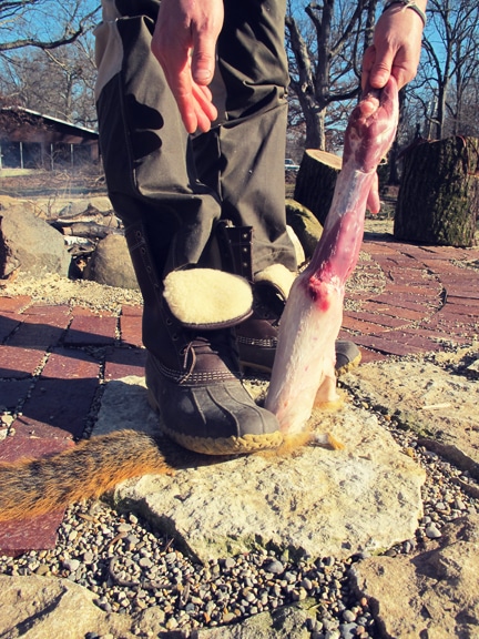 A man removing the skin of squirrel holding a flash with hand and one foot on a skin. 