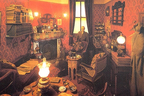 Vintage man sitting in Sherlock Holmes museum illustration.