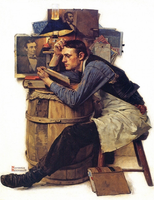 A painting of a man sitting in front of a barrel, contemplating his journey through law school.