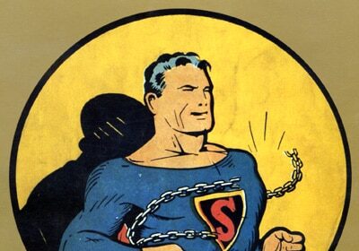 A comic book cover featuring Superman breaking free from a chain around his neck.