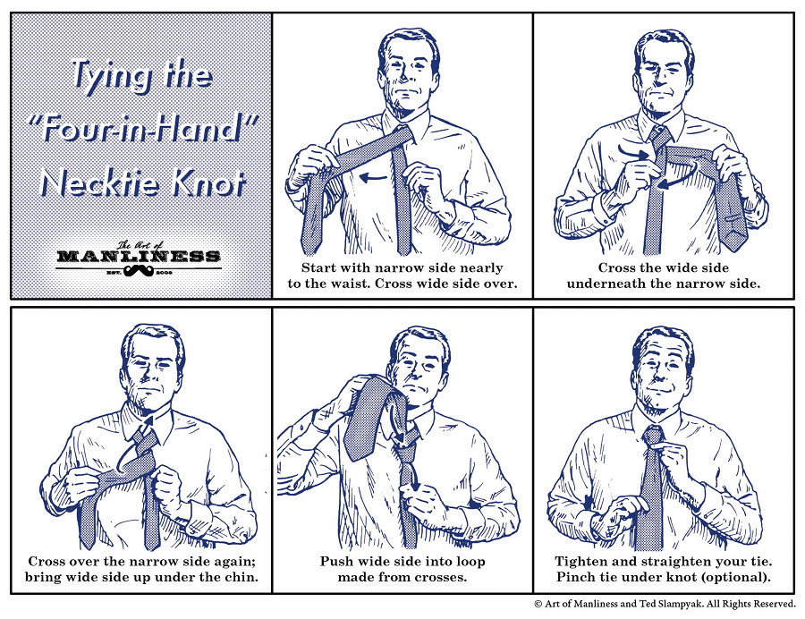 Start with narrow side nearly to the waist. Cross wide side over. Cross the wide side underneath the narrow side. Cross over the narrow side again; bring wide side up under chin. Push wide side into loop made from crosses. Tighten and straighten your tie. Pinch tie under know (optional).