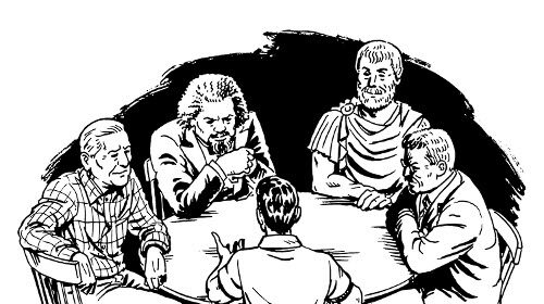 A black and white drawing of a group of people sitting around a table, resembling an invisible counsel.