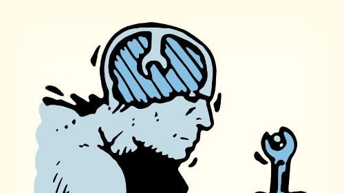 An illustration of a man holding a tool.