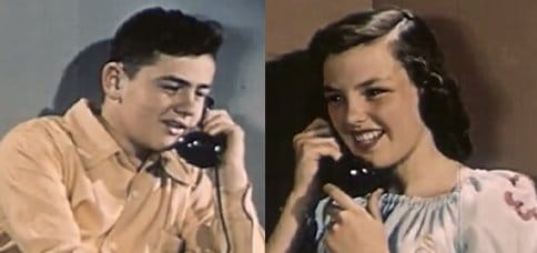 Vintage young man talking on phone with woman. 