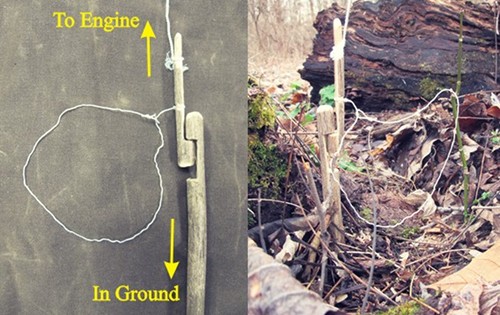 Geschnitzte Schlinge für die Schlingenjagd im Wald.