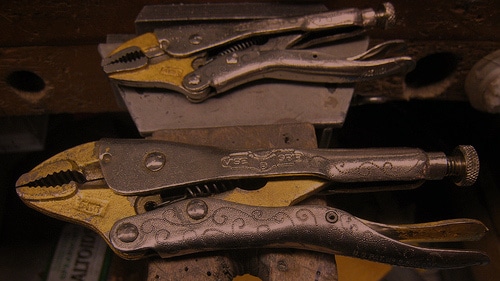 Vice grips in workshop. 