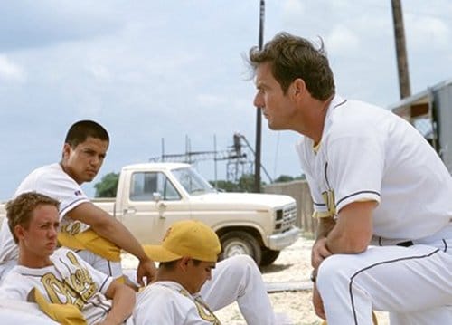 Four men relaxing in movie The Rookie.