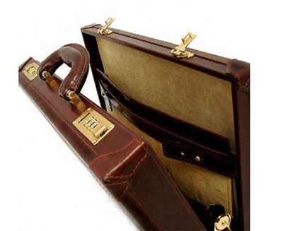 leather attache case open with mechanical locks