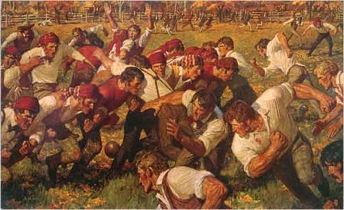 Vintage men playing football in ground illustration.