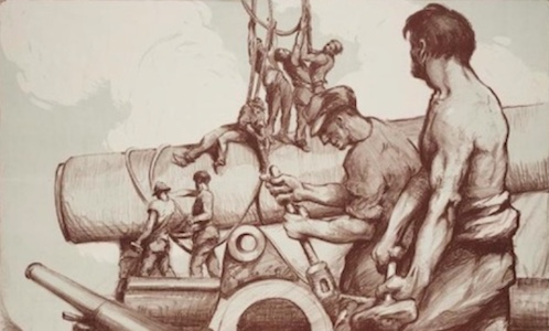 A drawing of men working on a cannon, making them feel like men.