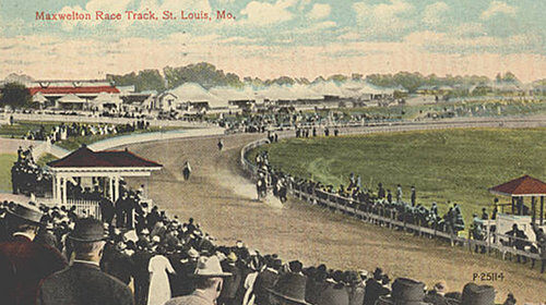 A crowd of people watching a horse race, placing bets.