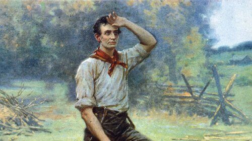 A cherished heirloom painting of a man holding an axe, waiting to be restored.