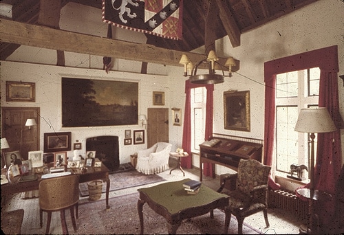 Vintage study room, tables, chairs and paintings on the wall illustration.