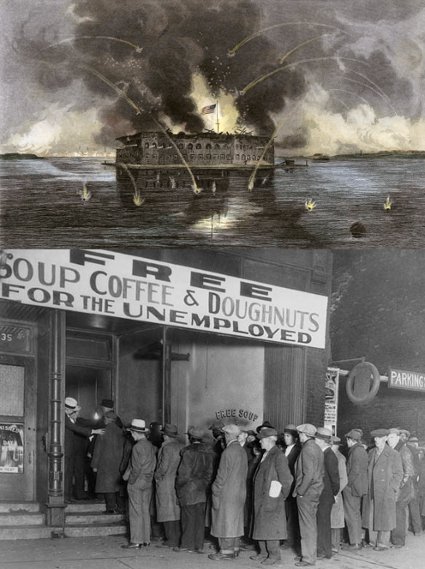 War zone on an American ship and a queue outside a coffee shop.