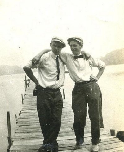 Vintage two young men standing at bridge and wearing hats black and white illustration.
