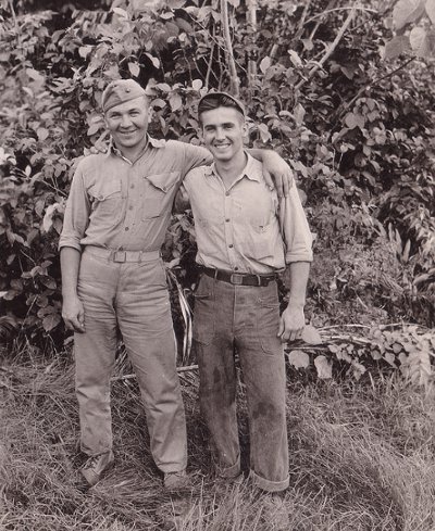 Vintage two men standing and smiling black and white illustration.