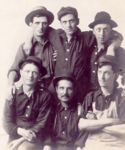 Vintage six young men wearing hats black and white illustration.