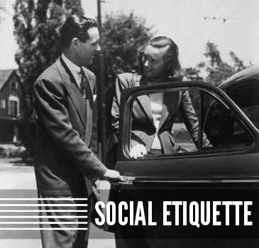 Vintage man opening door for woman on date etiquette.