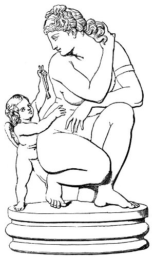 Aphrodite (Venus) black white drawing child behind her.