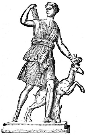 Artemis Diana Greek goddess arrow quiver petting dog.