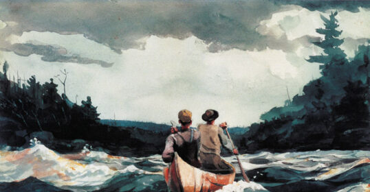 A painting capturing the calmness and majesty of two people in a canoe.