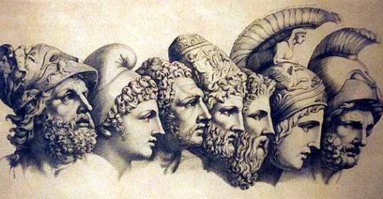 A drawing of a group of men wearing helmets depicting the Gods and Goddesses of Greek Mythology.