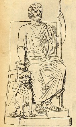 Hades Pluto Greek god on chair with dog by side.