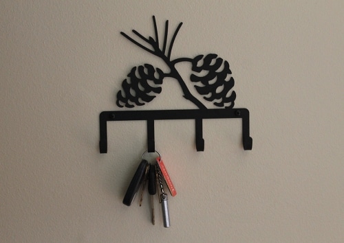 Key hook in hallway pine cones.