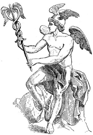 Hermes (Mercury) black white drawing wings.