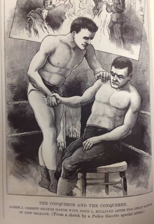 Illustration John J. Corbett ("Gentleman Jim") defeating John L. Sullivan police gazette.