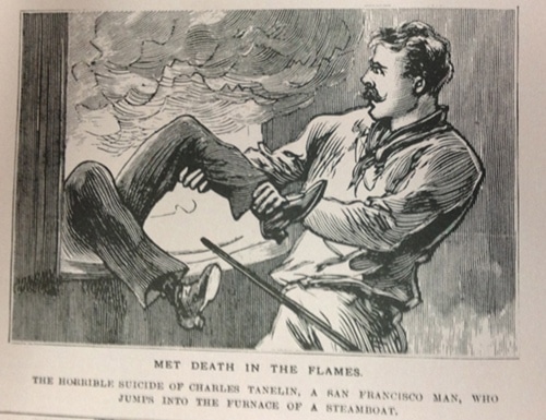 Vintage police gazette illustration man saving someone from fire.