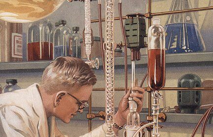A man in a lab coat is conducting an experiment on a beaker.
