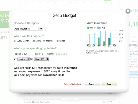 Mint app window to suggest budget.