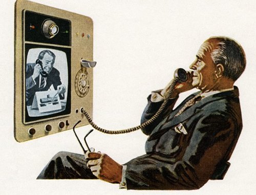 Vintage man on video phone conference illustration.